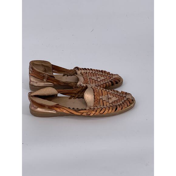 UNBRANDED Women's Brown-Gold Woven Leather Almond-Toe Slip-On Sandals SZ 9 - Picture 2 of 10